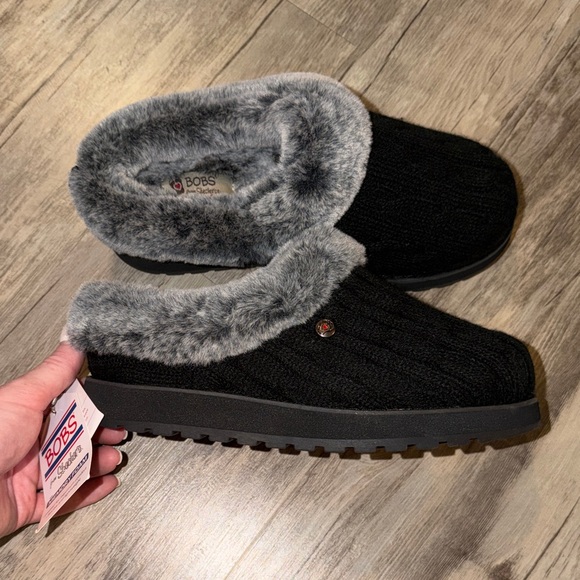BOBS from Skechers Shoes - BOBS from Skechers Black Knit Slip-On Slippers with Gray Faux Fur